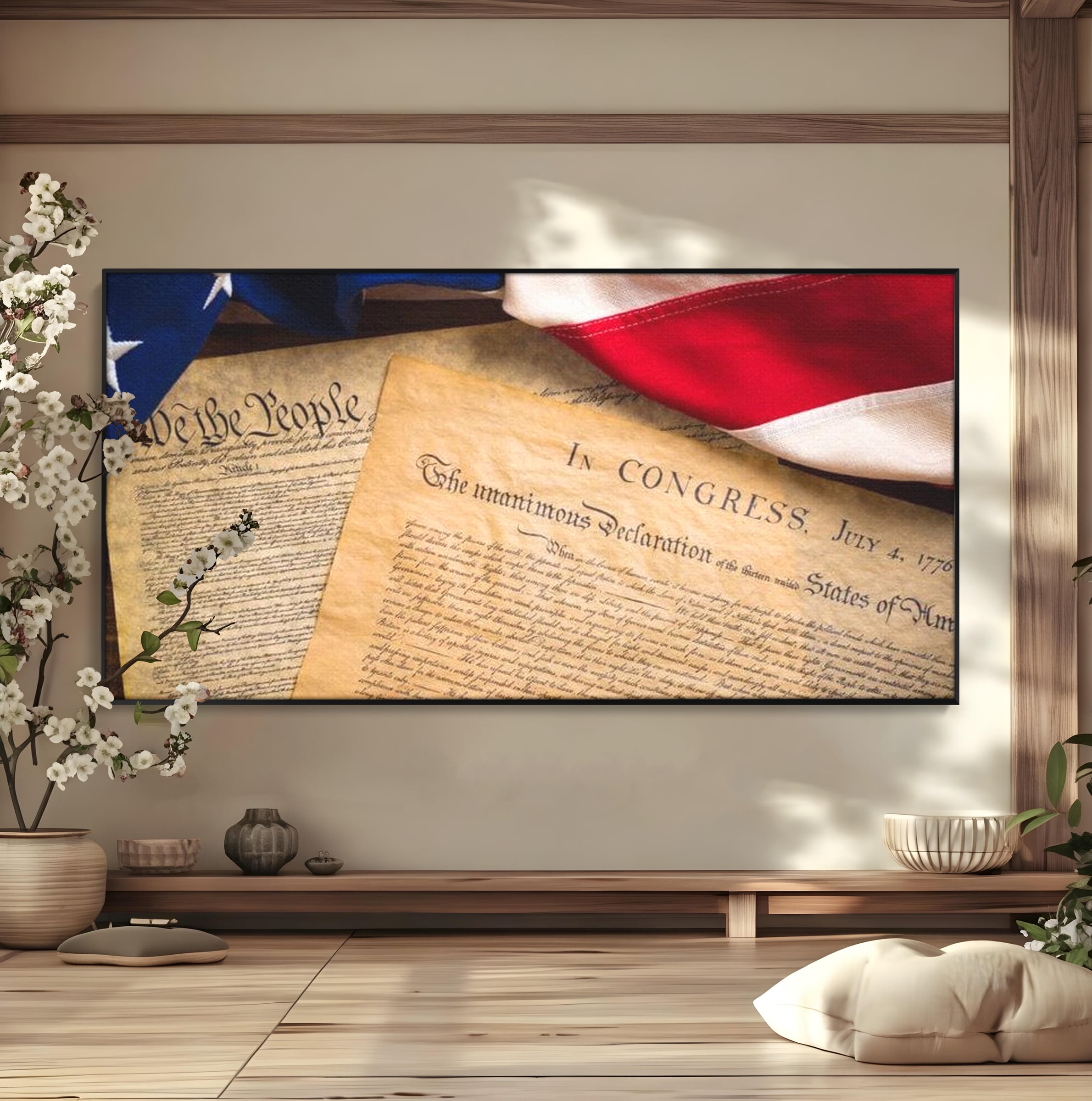 Tablou canvas cu tablou canvas cu steag si documente istorice, in rama de aluminiu negru